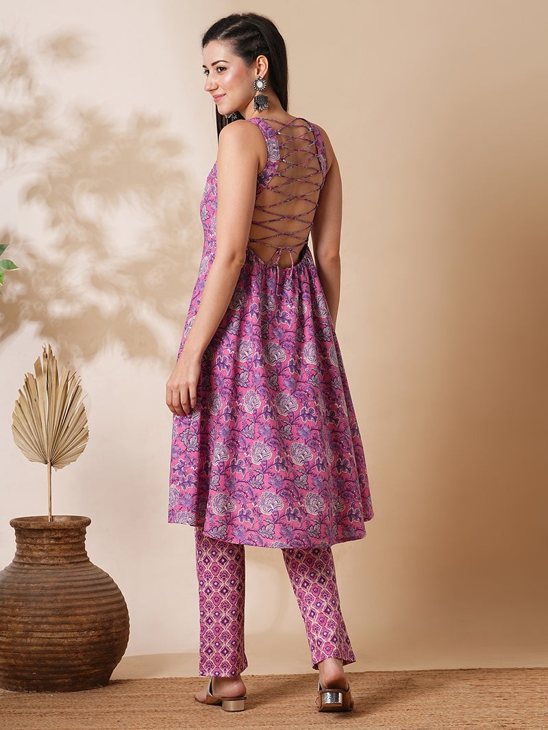 globus Globus Women Pink Floral Printed Regular Pure Cotton A-Line Kurta With Trousers  - Image 3