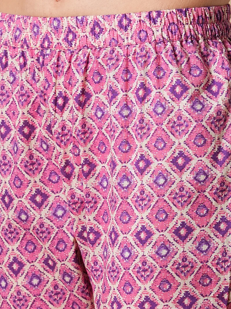 globus Women Pink Floral Printed Regular Pure Cotton A-Line Kurta With Trousers