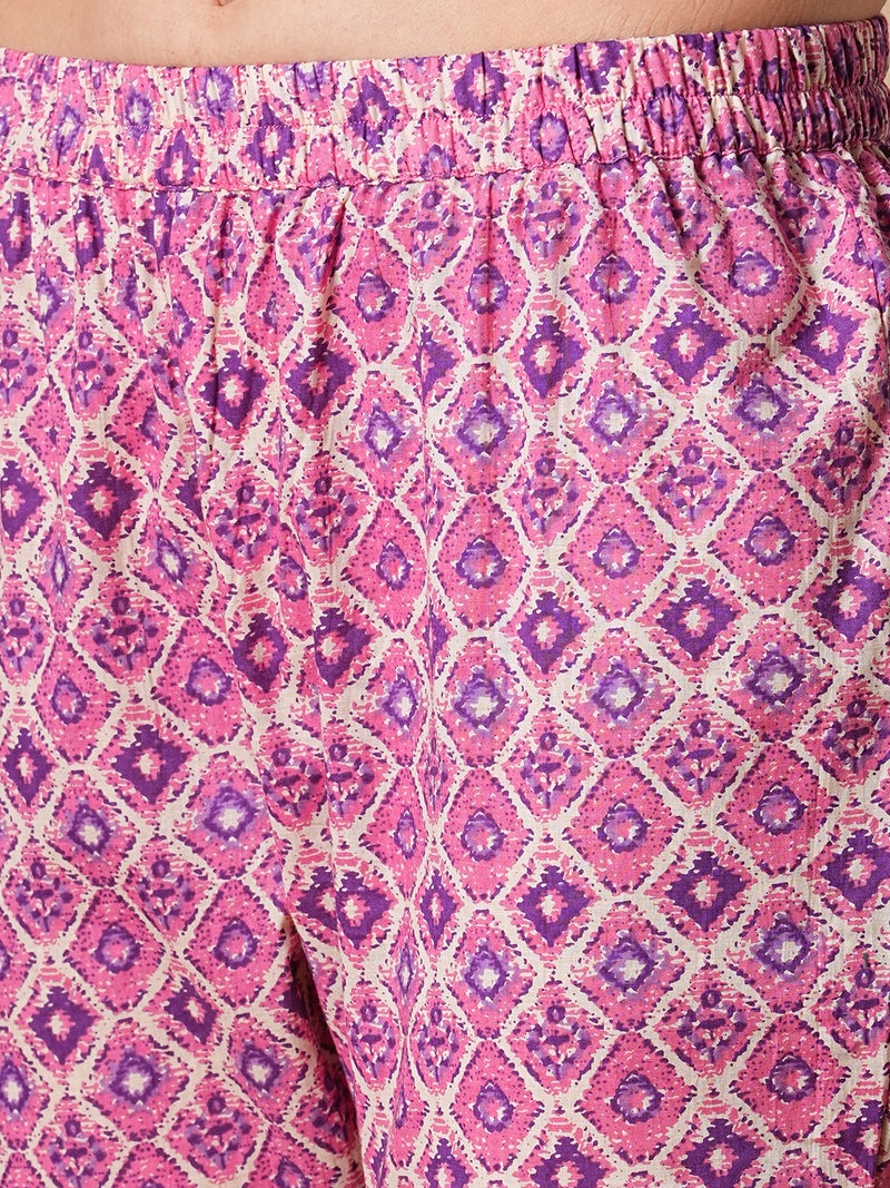 globus Globus Women Pink Floral Printed Regular Pure Cotton A-Line Kurta With Trousers  - Image 5