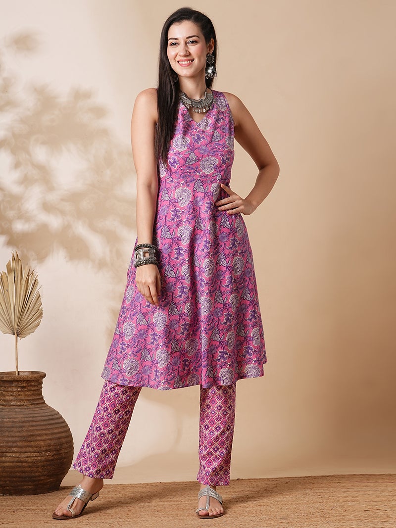 globus Globus Women Pink Floral Printed Regular Pure Cotton A-Line Kurta With Trousers  - Image 1