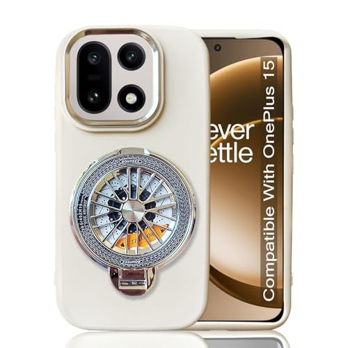 KC Back Cover for OnePlus 15 - Electroplated Chrome Metal Ring Soft Silicone Round Silver Spinning Wheel Kickstand Holder Camera Protection Shockproof Bumper Case (White) - Image 1