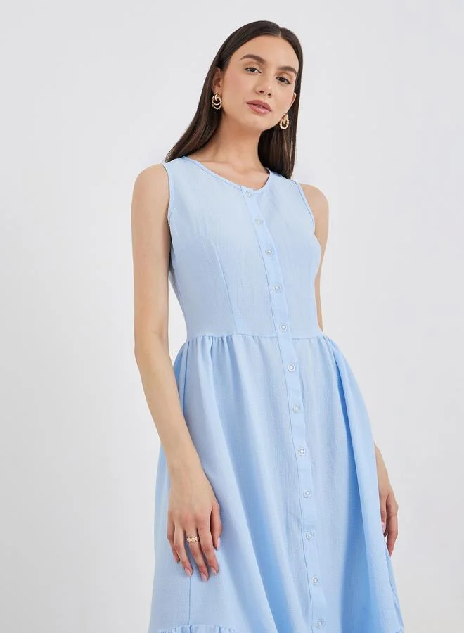 تايك تو Take Two Blue Solid Sleeveless Buttoned Ruffled Midi Dress