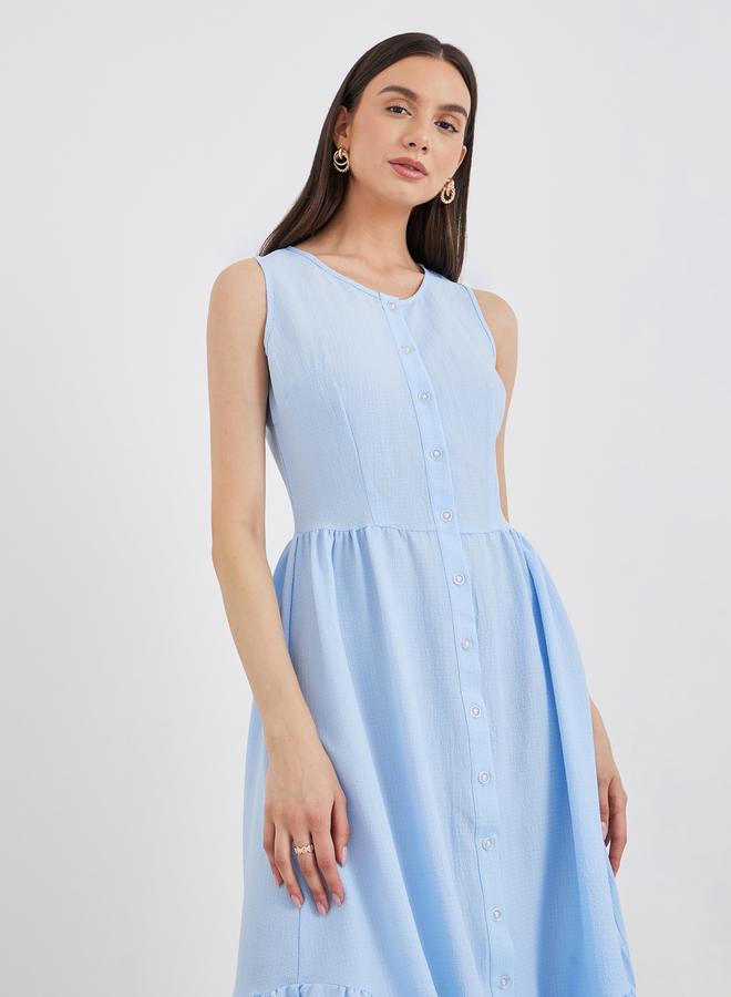 تايك تو فستان ميدي أزرق سادة بدون أكمام بأزرار وكشكشة - Image 3