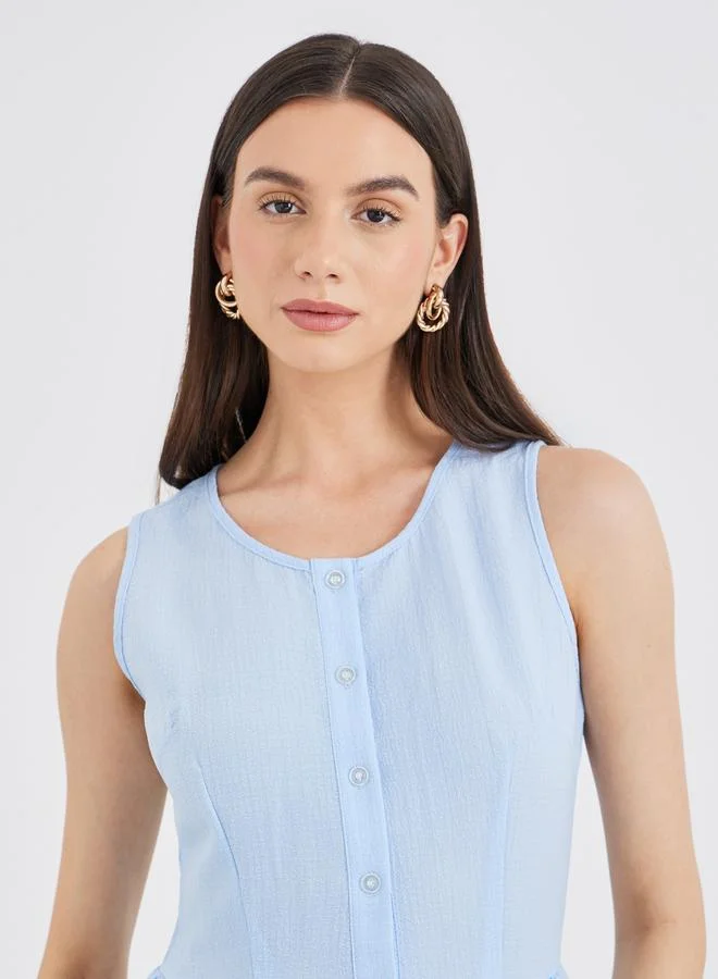 تايك تو Take Two Blue Solid Sleeveless Buttoned Ruffled Midi Dress