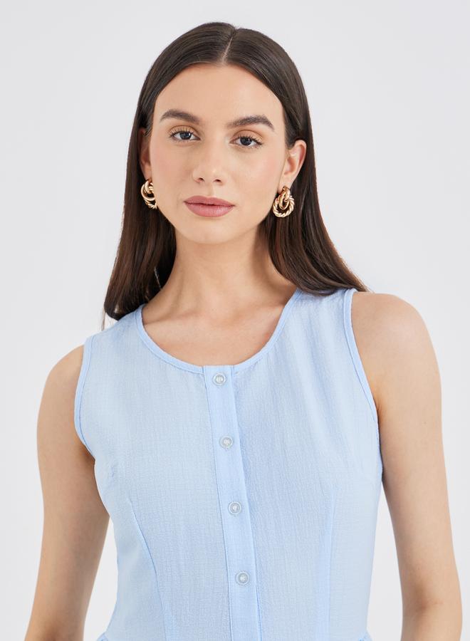 تايك تو فستان ميدي أزرق سادة بدون أكمام بأزرار وكشكشة - Image 4