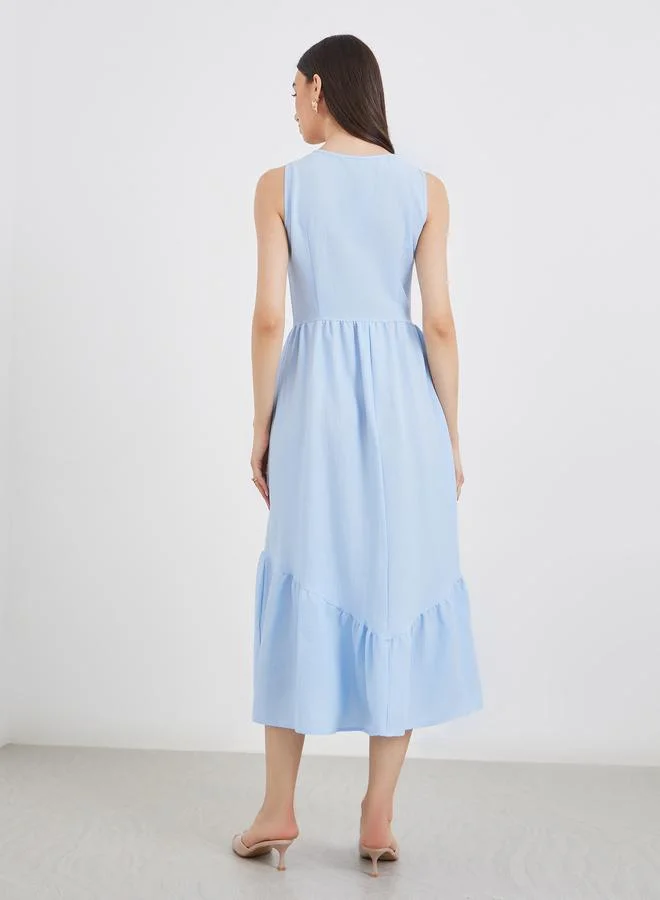 تايك تو Take Two Blue Solid Sleeveless Buttoned Ruffled Midi Dress