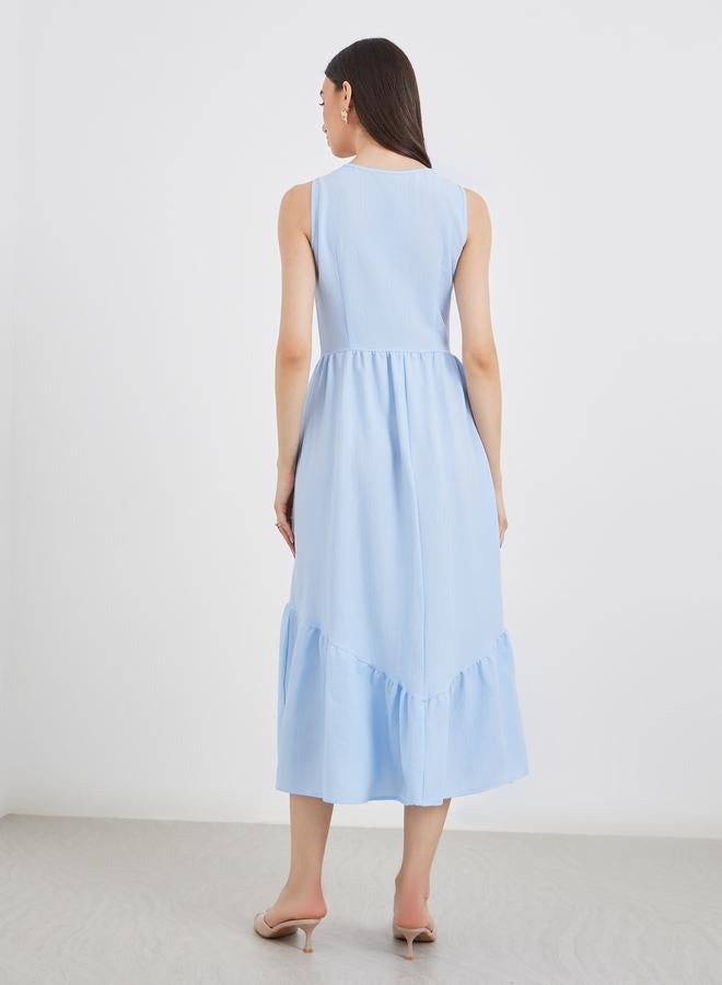 تايك تو فستان ميدي أزرق سادة بدون أكمام بأزرار وكشكشة - Image 5