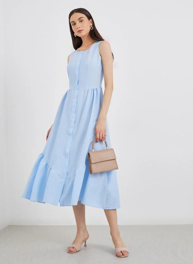 تايك تو Take Two Blue Solid Sleeveless Buttoned Ruffled Midi Dress