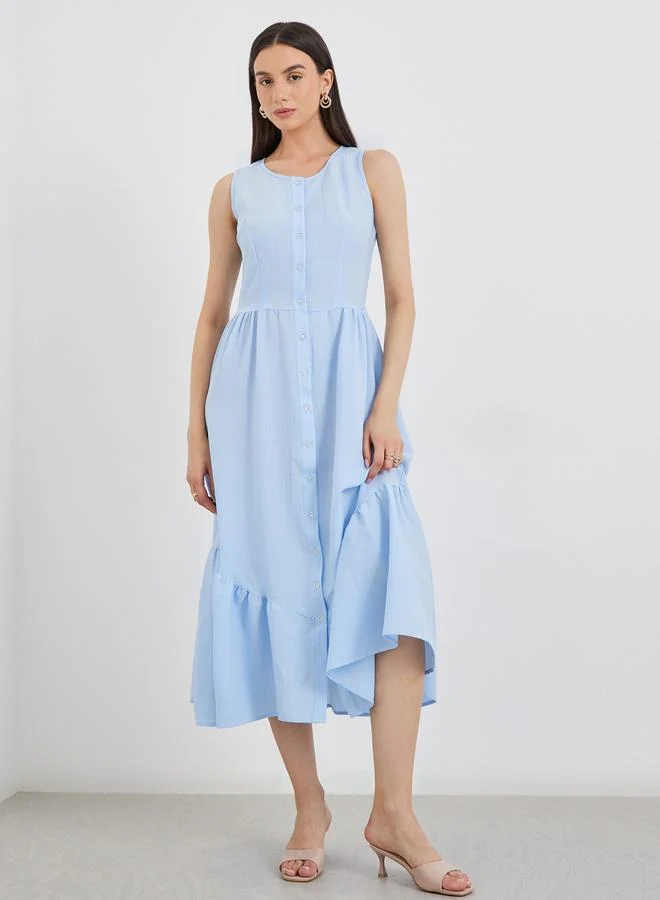 تايك تو Take Two Blue Solid Sleeveless Buttoned Ruffled Midi Dress