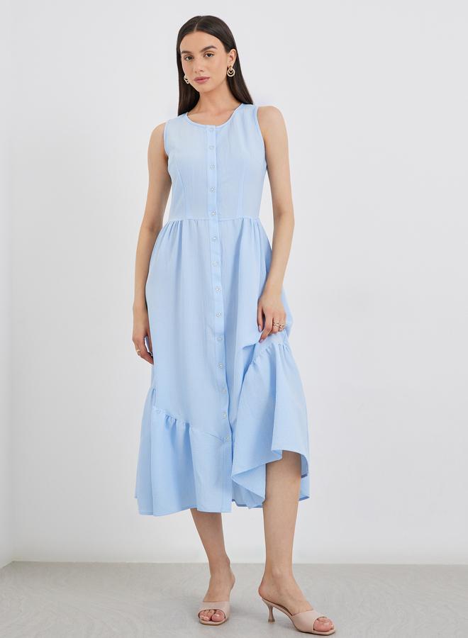 تايك تو فستان ميدي أزرق سادة بدون أكمام بأزرار وكشكشة - Image 2