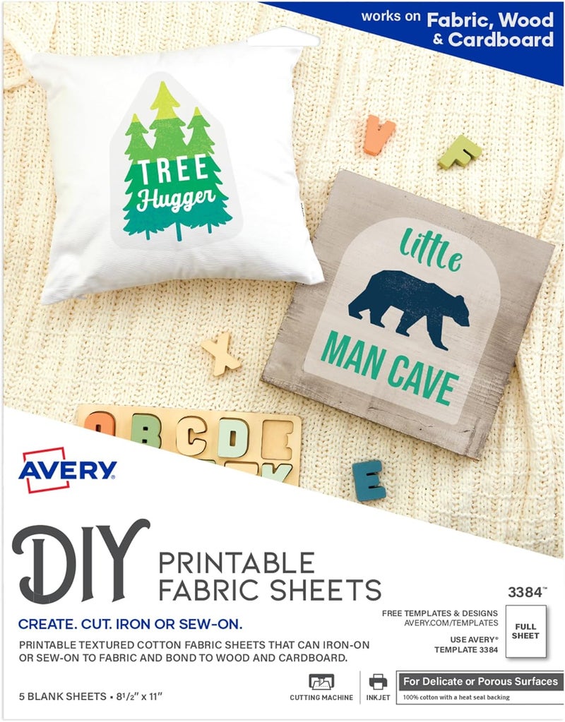 AVERY Printable Fabric Sheets, 8.5" x 11", Inkjet Printer, 5 Iron On Transfer Sheets (3384) - Image 1