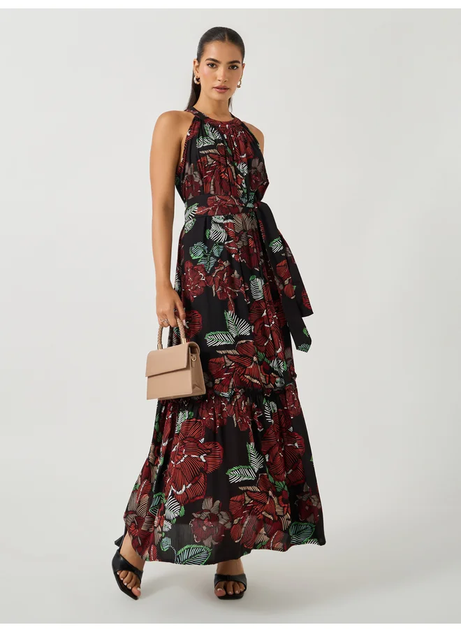 ستايلي Styli All Over Print Halter Neck A-Line Maxi Dress