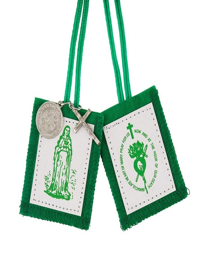 نيدزو وشاحات كاثوليكية خضراء من نيدزو، مدعومة بالصوف، ذات لوحتين، عليها صورة القلب المثقوب والسيدة العذراء مع ميداليات فضية اللون، 17.25 بوصة (عبوة واحدة) - Image 1