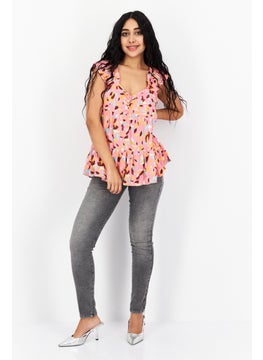 promod Women V Neck Sleeveless Allover Print, Pink Combo  - Image 3