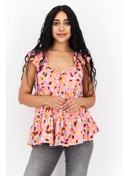 promod Women V Neck Sleeveless Allover Print, Pink Combo  - Image 1