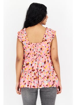 promod Women V Neck Sleeveless Allover Print, Pink Combo  - Image 2