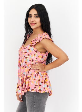 promod Women V Neck Sleeveless Allover Print, Pink Combo  - Image 4