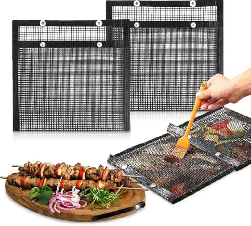2 Pack BBQ Mesh Grill Bags Reusable, 11" x 9" Reusable Non-Stick BBQ mesh Grilling Bags/Grill Mat for Fish Vegetables, Grill Accessories for Grills & Smokers, Heat Resistant Grill Pad (Large Size)