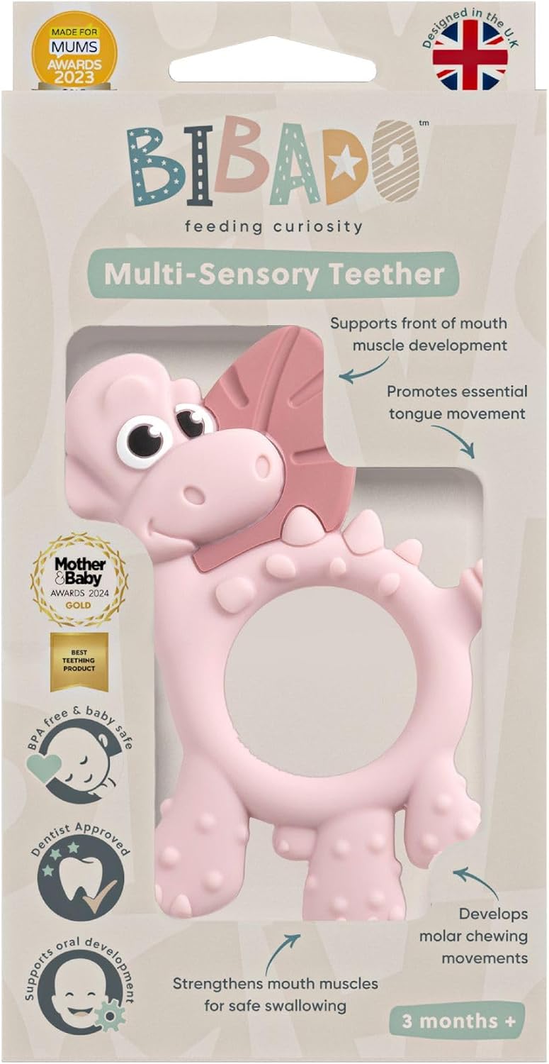 bibado Teething Toy : Dotty the Dinosaur™ Multi-Sensory Teether designed to strengthen and develop mouth muscles suitable for 3 Months and Above - Blush - Image 5