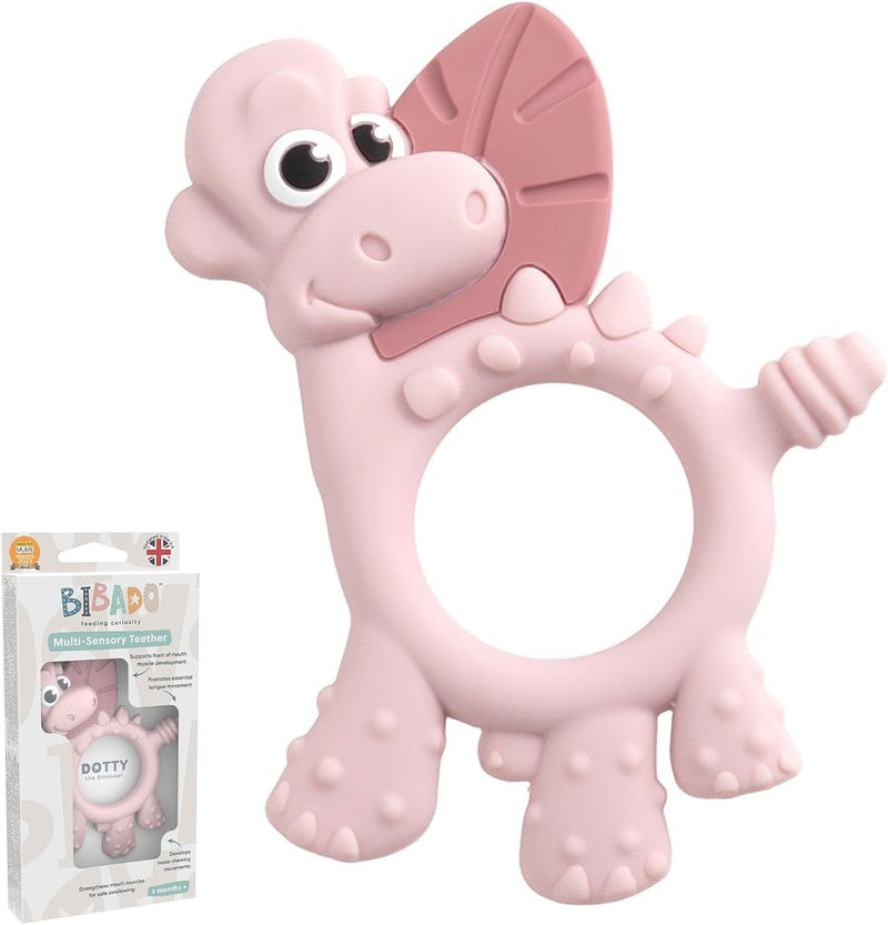 bibado Teething Toy : Dotty the Dinosaur™ Multi-Sensory Teether designed to strengthen and develop mouth muscles suitable for 3 Months and Above - Blush - Image 1
