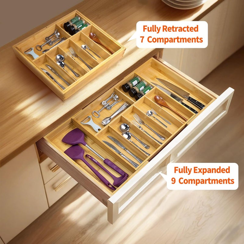 Utoplike Extra Large Kitchen Drawer Organizer, Expandable Bamboo Drawer Holder for Utensils, Silverware, Flatware, 7-9 Slots Cutlery Tray - Image 4