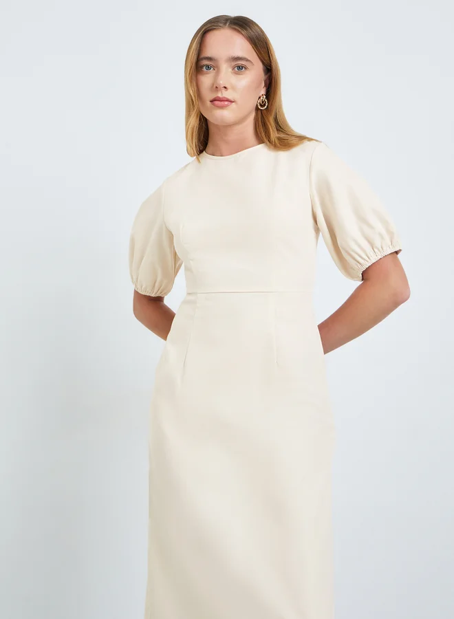 Take Two Beige Sleeveless Midi Dress with Fold Pleat
