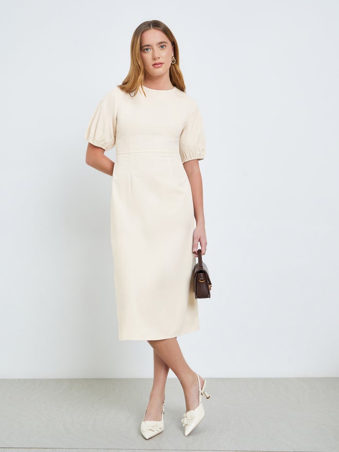 Take Two Beige Sleeveless Midi Dress with Fold Pleat - Image 1