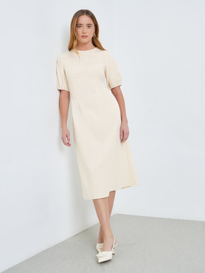 Take Two Beige Sleeveless Midi Dress with Fold Pleat - Image 3