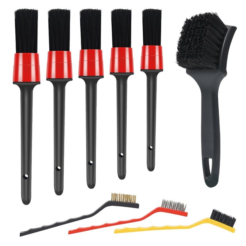 pulwury 9pcs Detailing Brush SetInterior Cleaning BrushSteel Wire Tire Brush Automotive Cleaning Brush Kitfor Cleaning Engine Body Exterior Surface Carpet Truck SUV RV Motorcycle - Image 3