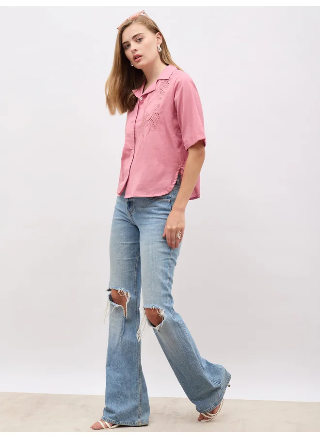 ستايلي Styli Schiffli Notch Lapel Short Sleeve Regular Fit Shirt