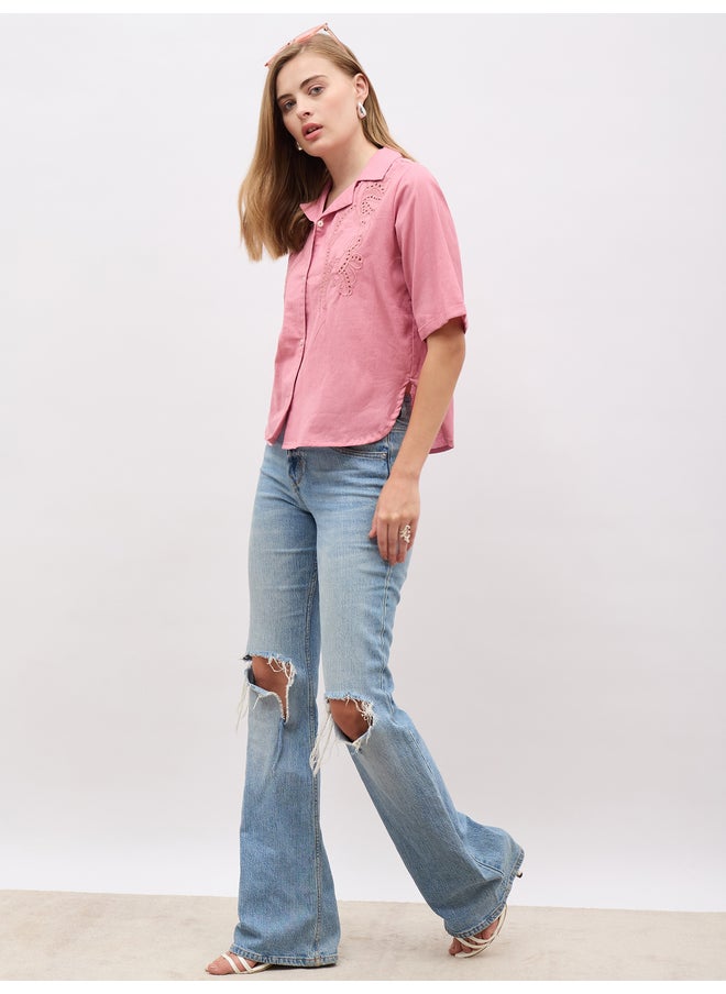 Styli Styli Schiffli Notch Lapel Short Sleeve Regular Fit Shirt  - Image 1