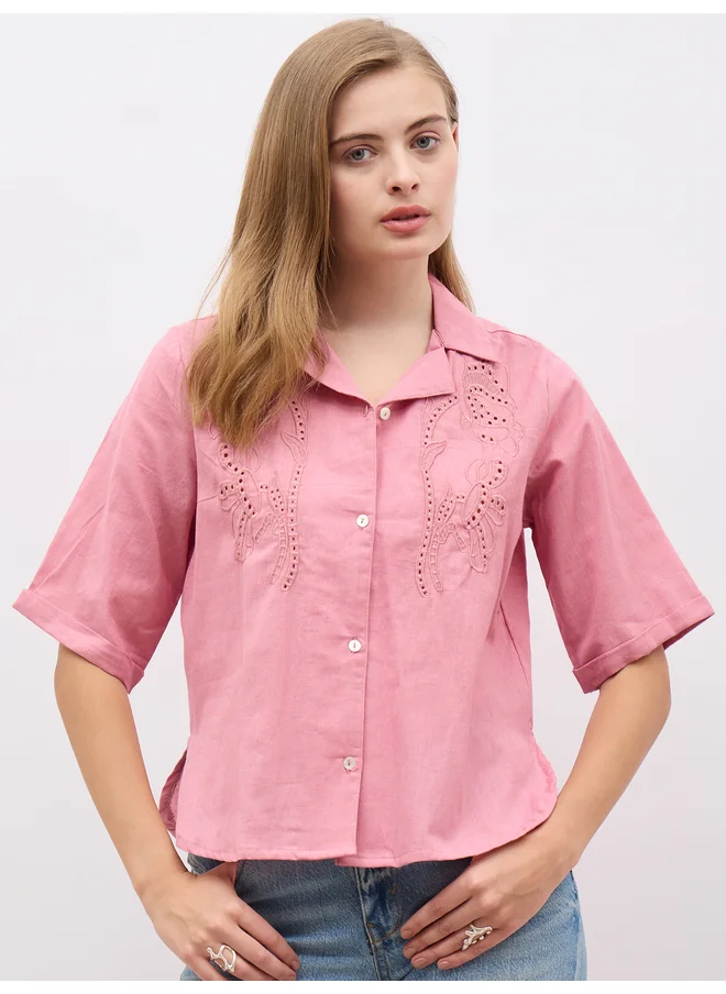 ستايلي Styli Schiffli Notch Lapel Short Sleeve Regular Fit Shirt