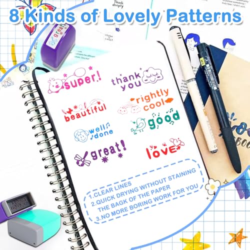 Tmtains 8Pcs Teacher Stamps for Grading Classroom Teacher Supplies Self-inking Motivational Encouraging Comments Colorful Stamp Set for Parent Signature School Teacher Review Homework Reward with Tray - Image 3