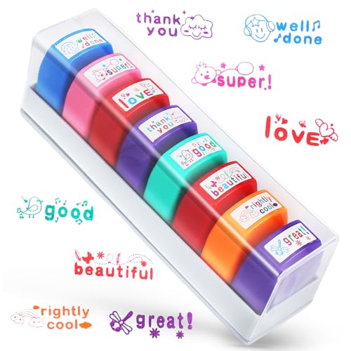 Tmtains 8Pcs Teacher Stamps for Grading Classroom Teacher Supplies Self-inking Motivational Encouraging Comments Colorful Stamp Set for Parent Signature School Teacher Review Homework Reward with Tray - Image 1