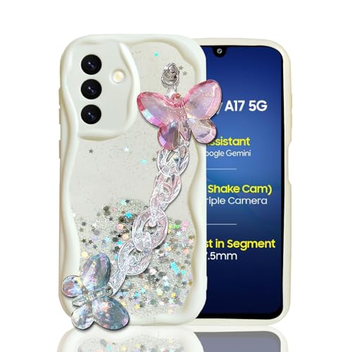 KC Back Cover for Samsung Galaxy A17 5G - Crystal Butterfly Wrist Bracelet Dry Fixed Glitter Curly Wave Shape Shockproof Soft Silicone Case with Camera Protection (White) - Image 1