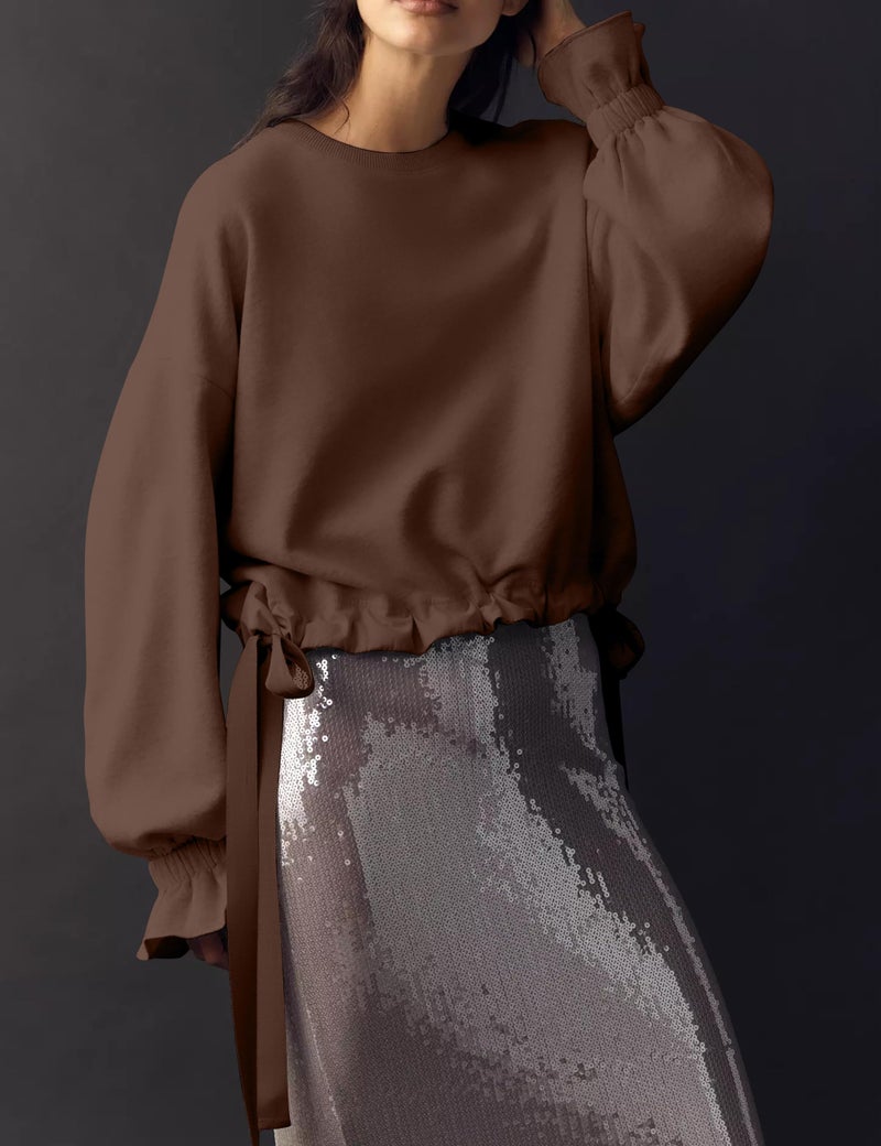 Dsewpaur Women Tie Up Sweatshirt Crewneck Balloon Long Sleeve Shirt Casual Fall Pullover Crop Babydoll Tops Brown - Image 3