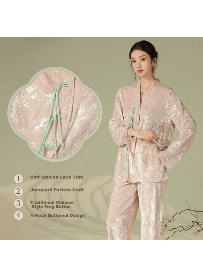 Zisehy Purple Floral Language Luxury Wearable Autumn Winter Long Sleeve Homewear Warm Women's Pajamas Shrimp Pink XL - Image 3