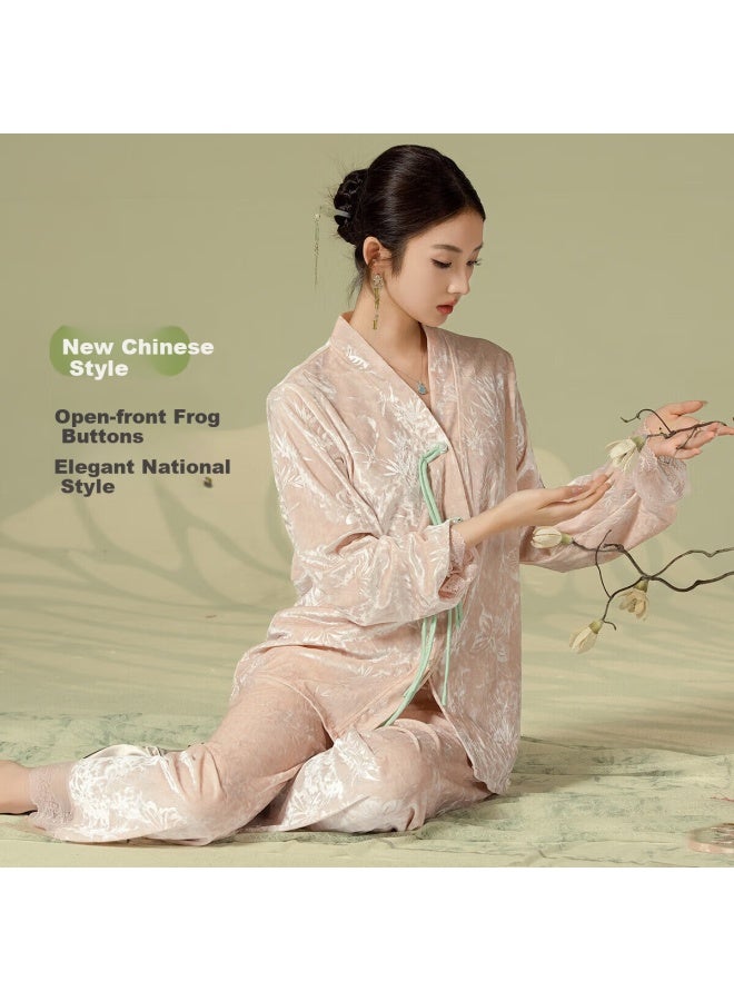 Zisehy Purple Floral Language Luxury Wearable Autumn Winter Long Sleeve Homewear Warm Women's Pajamas Shrimp Pink XL - Image 1