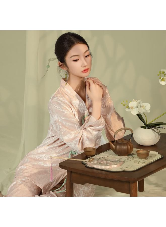 Zisehy Purple Floral Language Luxury Wearable Autumn Winter Long Sleeve Homewear Warm Women's Pajamas Shrimp Pink XL - Image 2