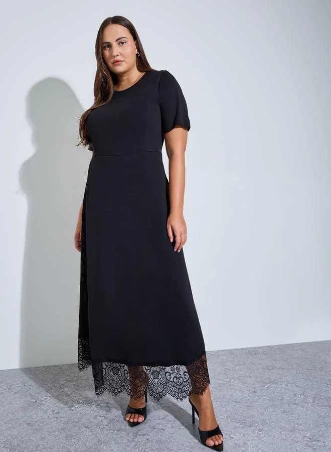 ستايلي Plus Size Black Lace Trim A-Line Maxi Dress