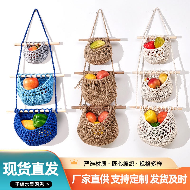 Three-Layer Fruit Hanging Basket Removable Wall-Hanging Fruit Net Bag Simple Nordic Style Weaving Bag Fruit And Vegetable Basket - Image 2