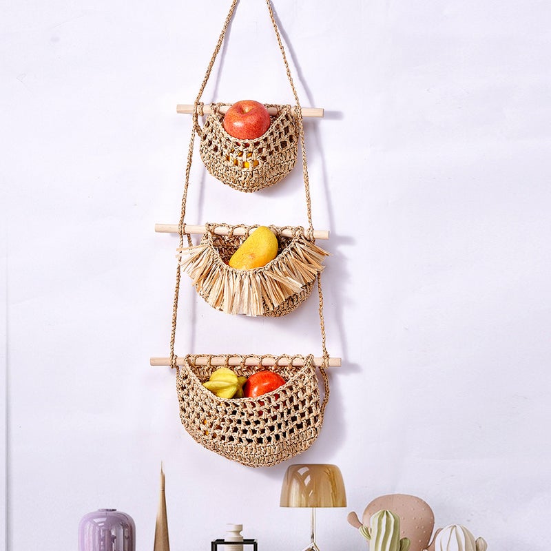 Three-Layer Fruit Hanging Basket Removable Wall-Hanging Fruit Net Bag Simple Nordic Style Weaving Bag Fruit And Vegetable Basket - Image 4