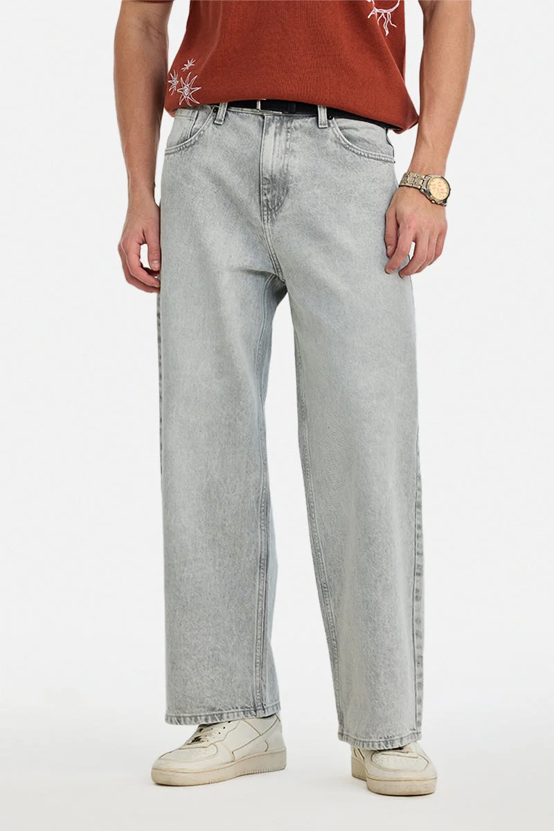 سنيتش Light Grey Solid Wide Leg Streetwear Jeans