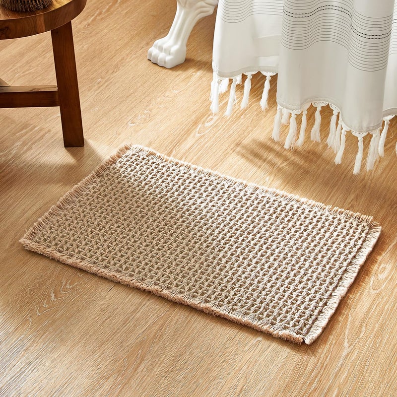 TYUU Boho Bathroom Rugs, Super Absorbent Non Slip Waffle Bath Mat Quick Dry Bath Rugs Washable Boho Farmhouse Bathroom Rugs, Khaki 24"x16" - Image 1