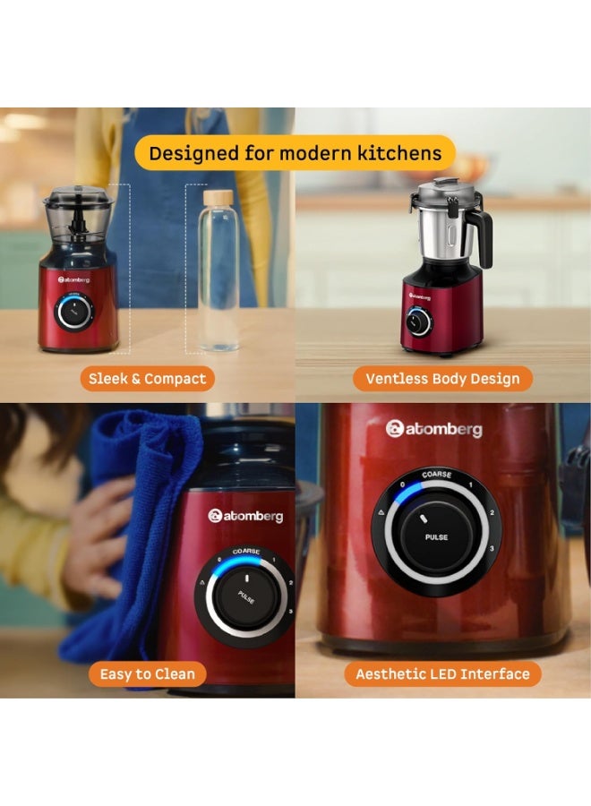 Atomberg Zenova Mixer Grinder | Unique Coarse Mode for Silbatta-like Texture | Intelligent BLDC Motor | Safety Features | 4 Jars including Chopper | Hands-Free Operation (Red Wine) - Image 2