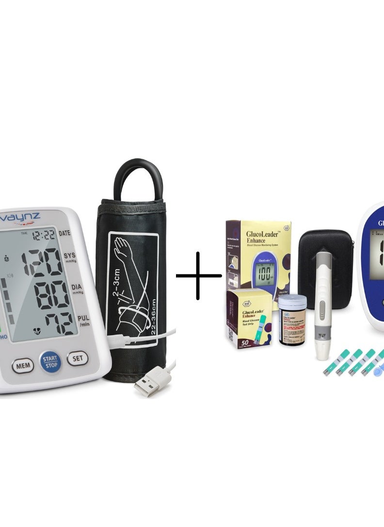 vaynz Vaynz Blood Pressure Monitors - CE Approved by UK and GlucoLeader Enhance Blood Sugar Monitor with 10+50 Test Strips and Lancets - 800 Memory Diabetes Testing Kit in mg/dL  - Image 1