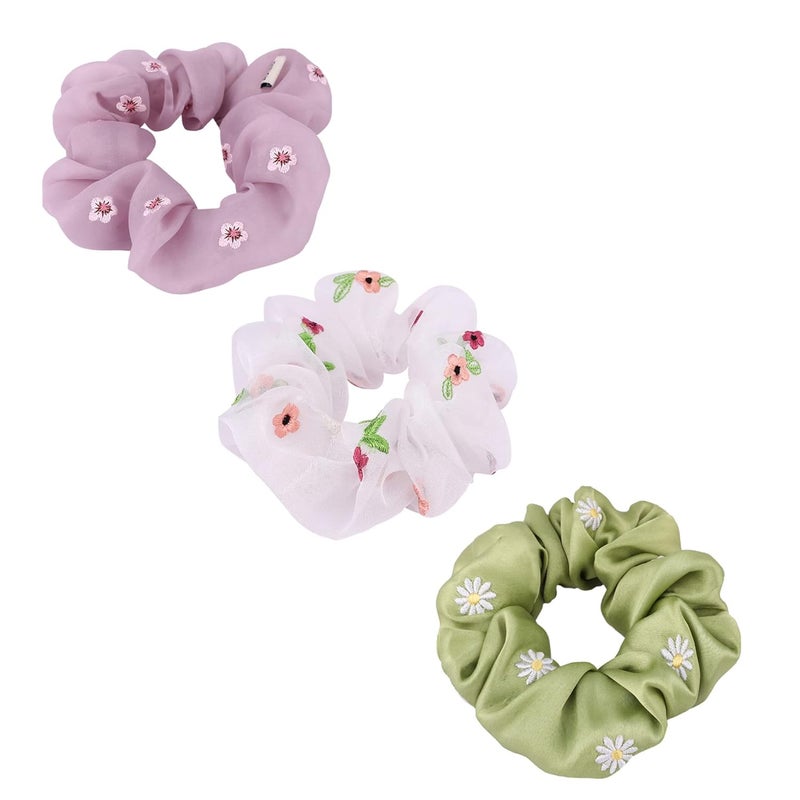 MASQ by Q-One Hair Accessories, Blossom Embroidered, Handmade, Satin Organza Scrunchies/Hair Bands for Women, Girls with Elastic (Multicolor, Pack of 3) - Image 1