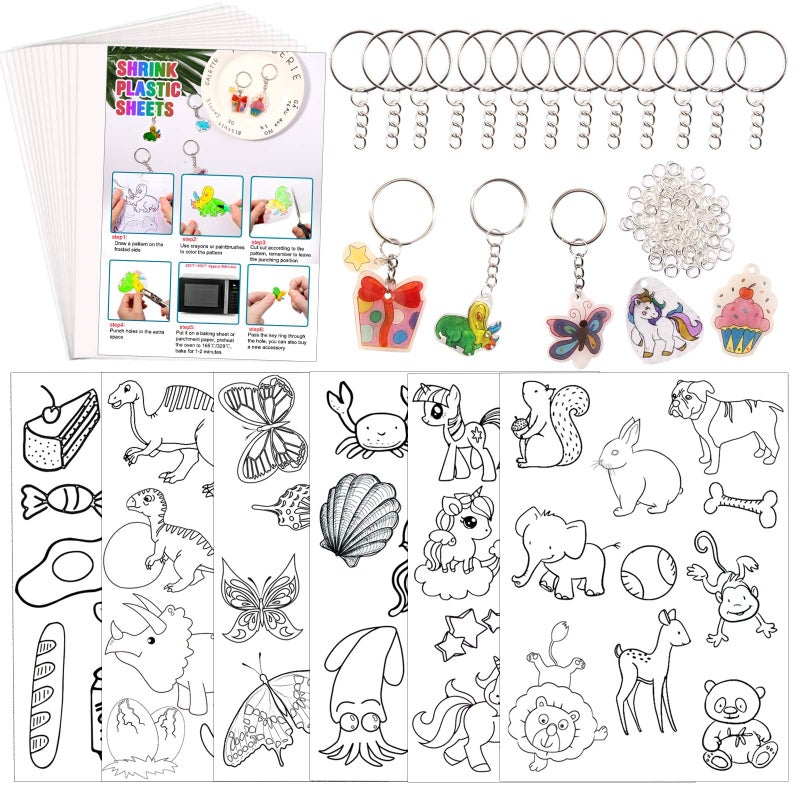 Natonhi Shrinky Dink Sheets Kit 145Pcs Shrink Art Kit Including 20pcs Shrinky Paper Sheets 6pcs Traceable Picture Keychains Accessories Perfect for Shrink Paper Sheets Crafts Making - Image 2