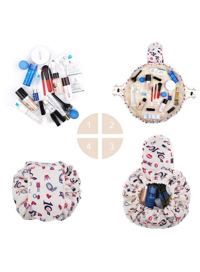 Nirvik Women's Convenient and Waterproof Multifunction Portable Lazy Travel Cosmetic Storage Makeup Organizer Toiletry Bag with Drawstrings (White Lip) - Image 2