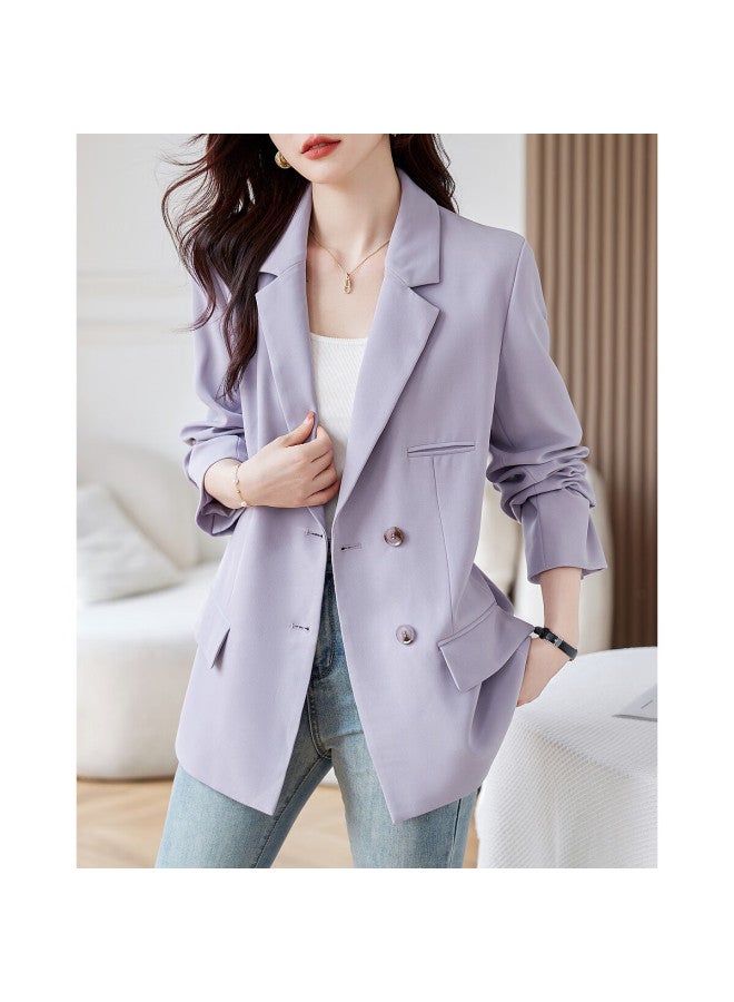 Dme Women's Elegant Lapel Shoulder Pad Blazer Jacket Slim Fit Suit Coat Top Thin Mist Purple S - Image 2